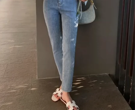 梅子熟了基础百搭高腰修身牛仔裤女水洗牛仔铅...