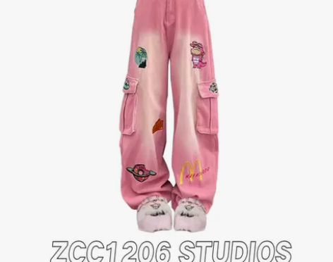 美式vibe复古卡通刺绣粉色工装牛仔裤女高...