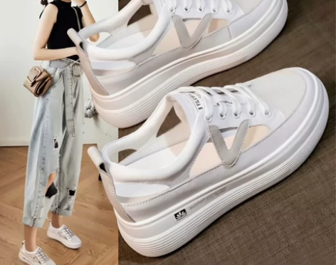 2023夏季透气新款网面内增高小白鞋，女爆...