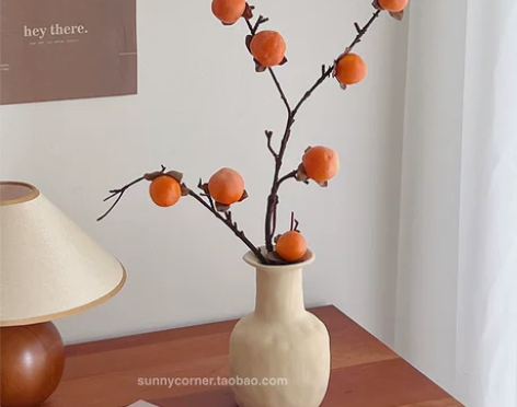 柿柿如意 仿真柿子果实树枝花瓶摆件仿真花假...