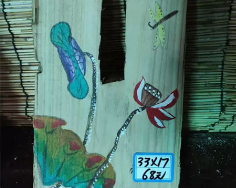 木板画手绘荷花鱼客厅茶室挂画会所茶庄，给家...