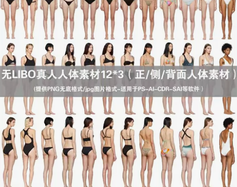 D38服装设计效果图人体女装模特真人正侧背...