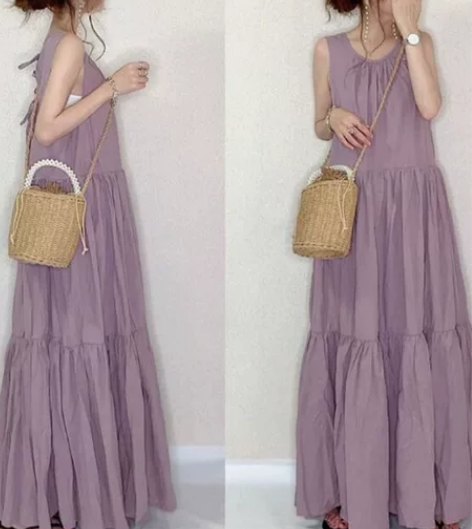 新跨境度假风过膝长裙连衣裙日系无袖背心裙女...