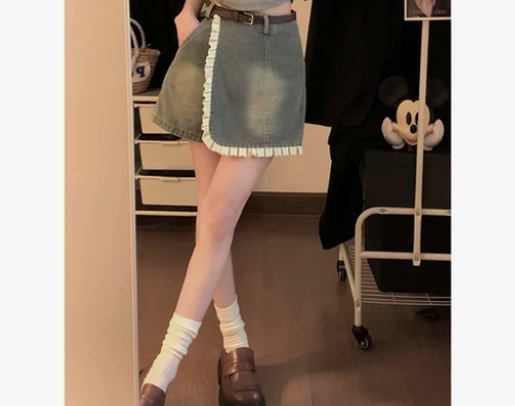 辣妹风花边牛仔半身裙女秋季新款复古高腰设计...