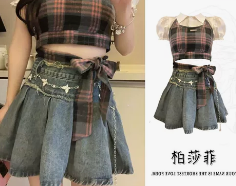 出甜辣吊带短袖短款牛仔裙套装 是三件套短袖...