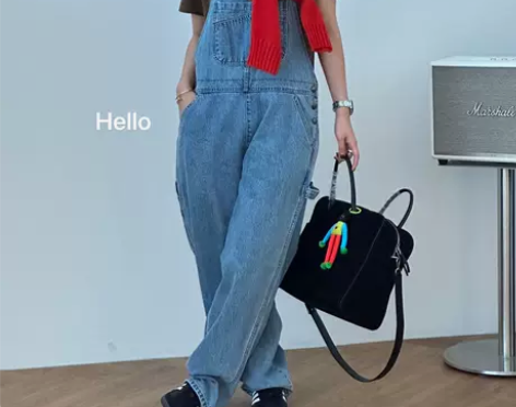 时尚减龄背带牛仔裤 hello首尔韩国东大...