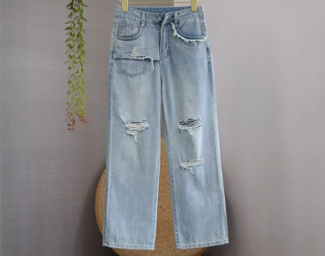 包邮全新夏季小个子窄版破洞阔腿裤乞丐九分裤...