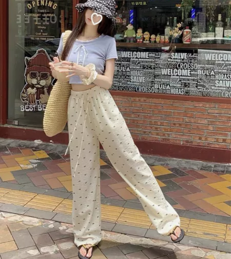 蝴蝶结波点奶白色休闲裤子女2024新款夏季...