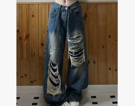 复古宽松水洗破洞牛仔裤女2024春季新款直...