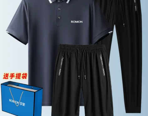 罗蒙男士夏季冰丝套装男款休闲中老年POLO...