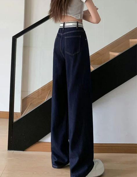 深蓝冰丝直筒牛仔裤女夏季薄款拼接字母腰头垂...