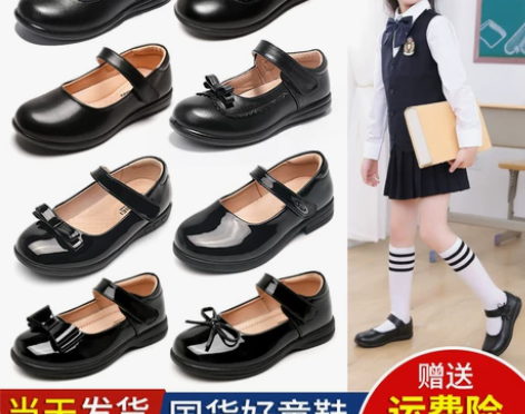 女童皮鞋黑色软底学生表演女孩真皮公主鞋英伦...