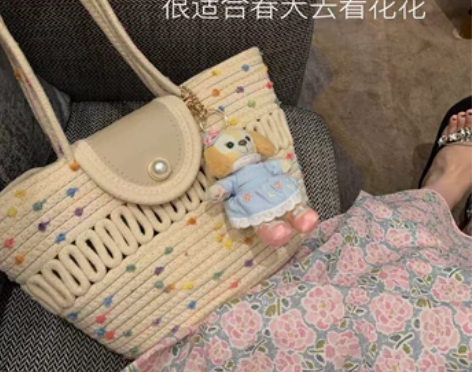 田园风珍珠扣编织手提包2024新款海边度假...