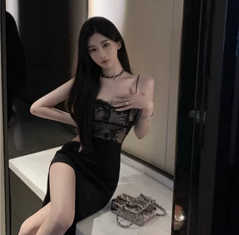 法式黑色吊带连衣裙女夏季修身显瘦裙子[co...