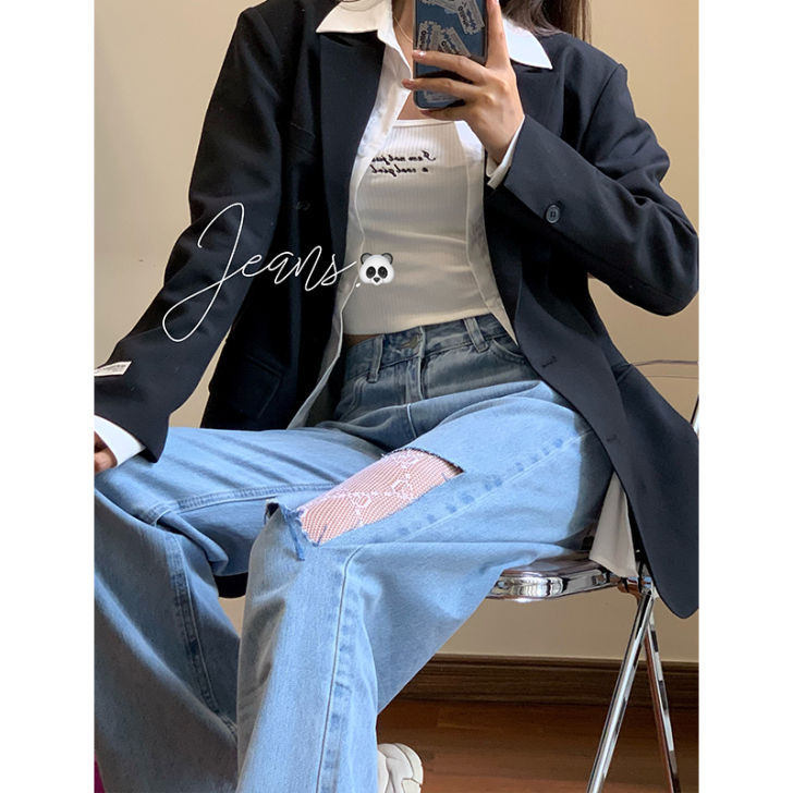 浅蓝色直筒破洞牛仔裤，尺寸S，163穿到脚踝