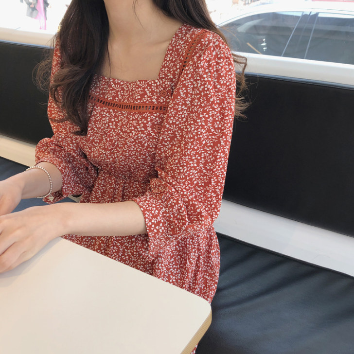 韩国chic复古甜美小碎花松紧腰连衣裙女i...