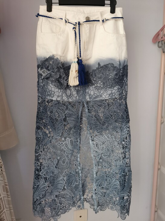 【重工蕾丝拼接牛仔开叉半身裙】送腰带，M码...