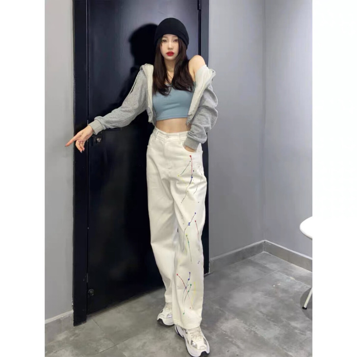 泼墨彩绘白色牛仔裤宽松 S码