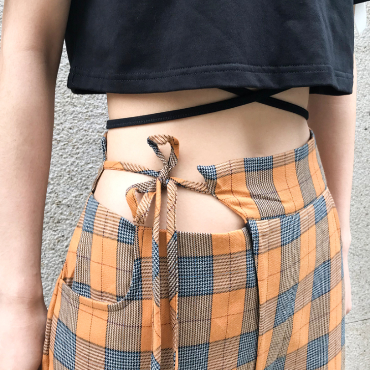 八月 格子裤女韩版夏原宿宽松ulzzang...