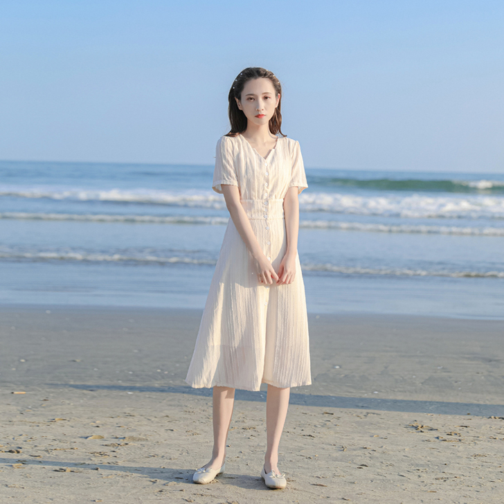 2021新款法式复古气质名媛收腰显瘦V领轻...