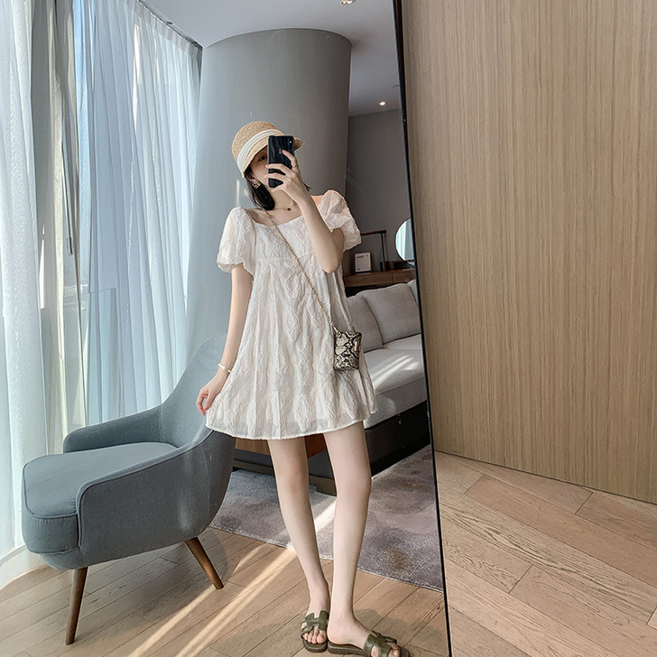 MUKOK温柔风方领泡泡袖连衣裙女2020...