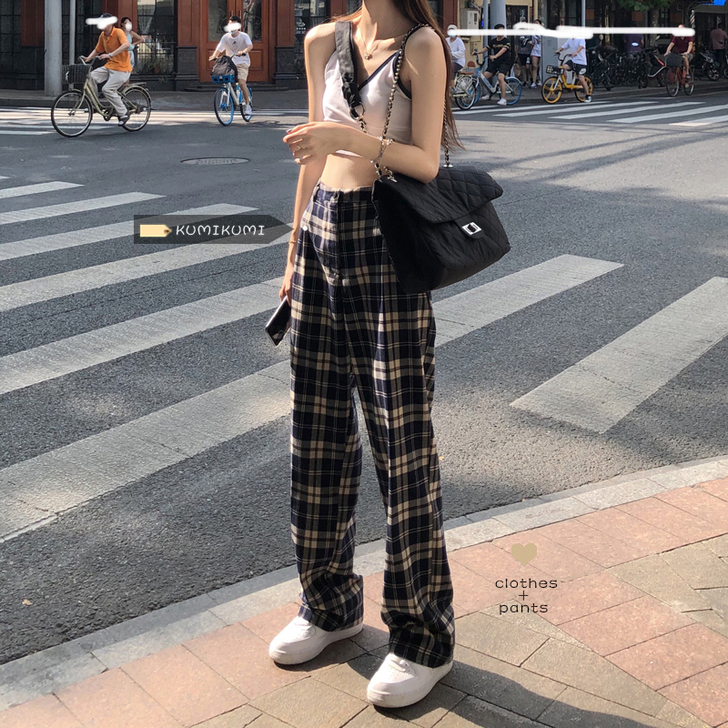 黑色格子裤长裤女2021夏季复古高腰大长腿...