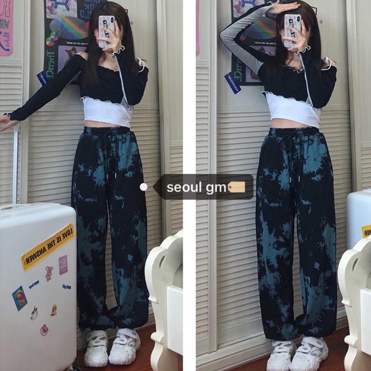 SEOUL韩风chic复古设计感扎染休闲裤...