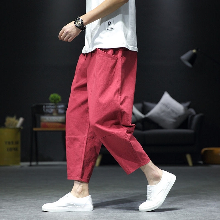 9九分裤男日系加肥加大码亚麻短裤男潮胖子宽...