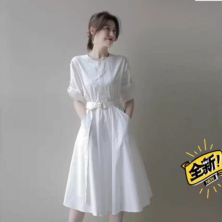 法式简约时尚百搭圆领收腰显瘦五分袖连衣裙新...
