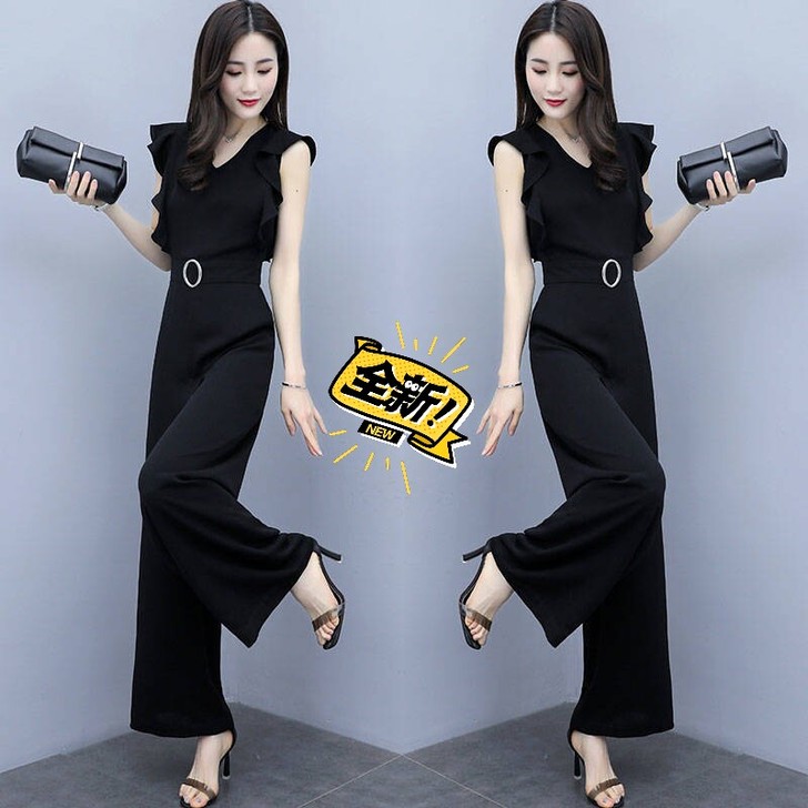 气质无袖阔腿连体裤女2020新款高腰v领宽...