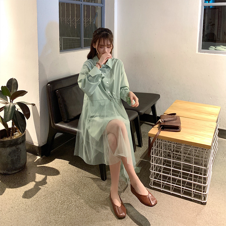 春季2019新款女装拼接网纱不规则连衣裙很...