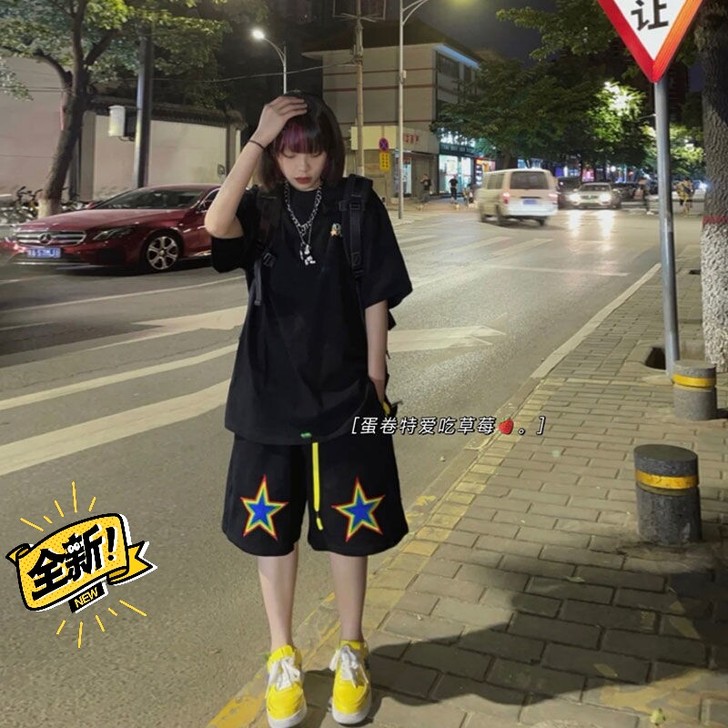 【纯棉贴布刺绣】ins夏季高街嘻哈五角星阔...