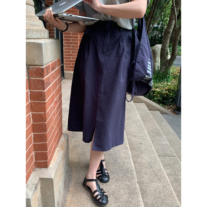 米花家 藏青色半身裙女中长款显瘦裙子夏季薄...