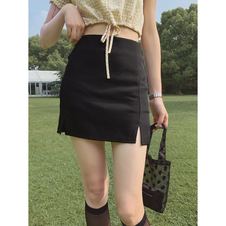 2021夏新款性感开叉半身裙黑色遮胯短裙防...