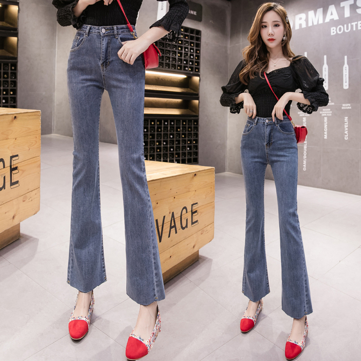 微喇叭裤女2021春秋新款高腰修身显瘦牛仔...