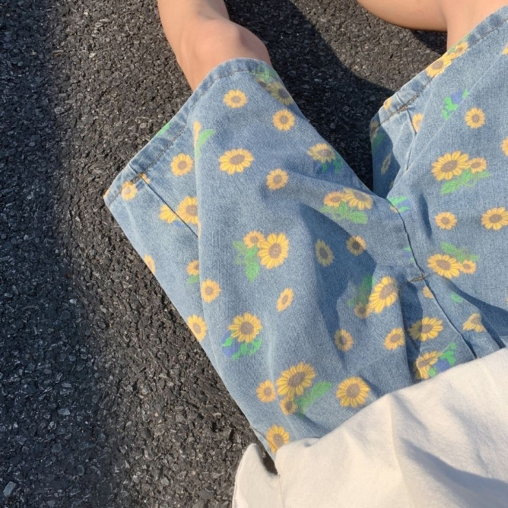 夏季ins小雏菊印花休闲牛仔短裤男女情侣韩...