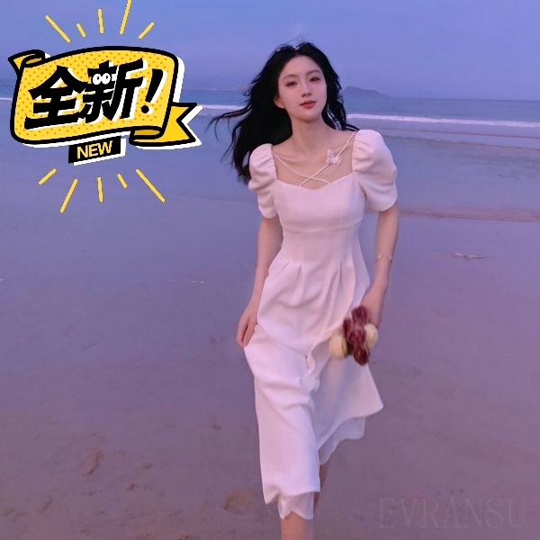 【关注包邮】法式甜欲风白色连衣裙女2021...
