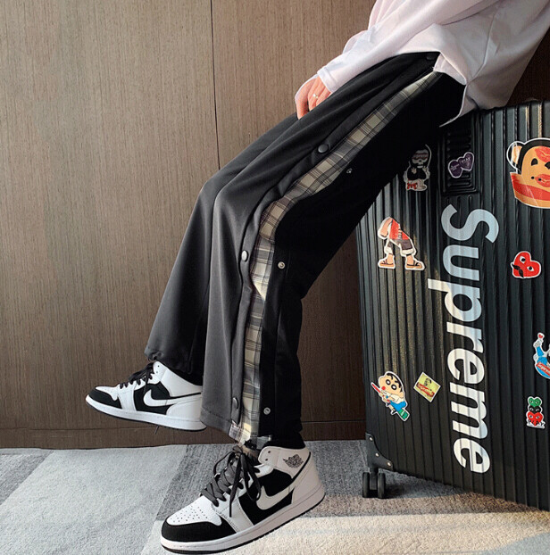 裤子男士ins潮牌百搭休闲裤春秋夏季格子拼...