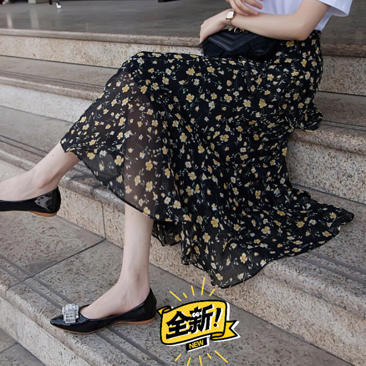 雪纺裙女春夏中长款2021新款碎花半身裙高...