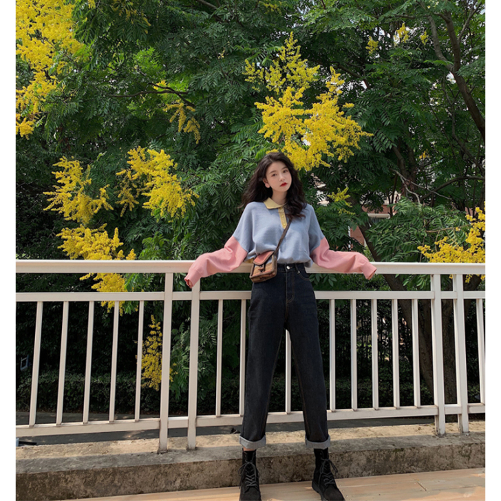 范智乔牛仔裤女直筒宽松烟管裤复古港风高腰显...