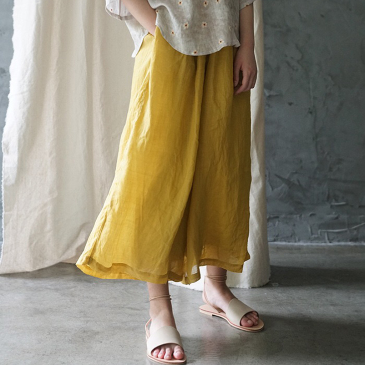 猫迷森林春夏复古文艺宽松显瘦阔腿裤白色苎麻...