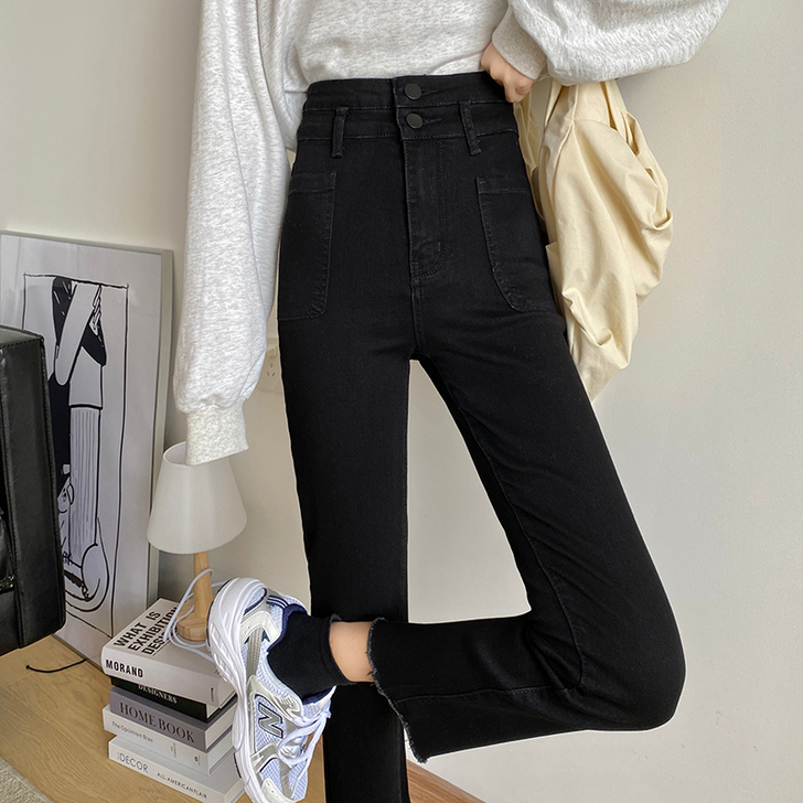 超高腰老爹裤女复古黑色牛仔裤高腰显瘦女韩版...