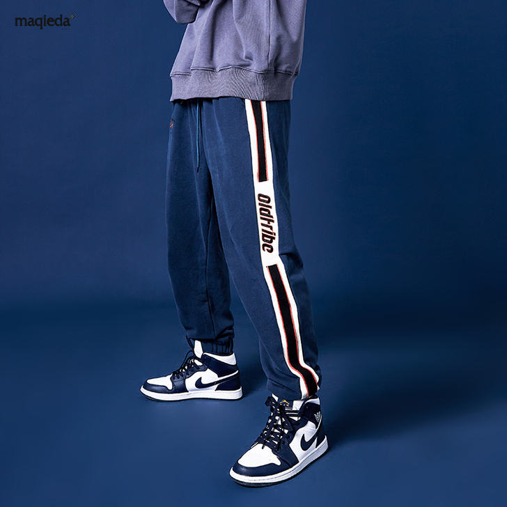 马切达秋季宽松日系运动裤男士潮牌束脚裤子国...