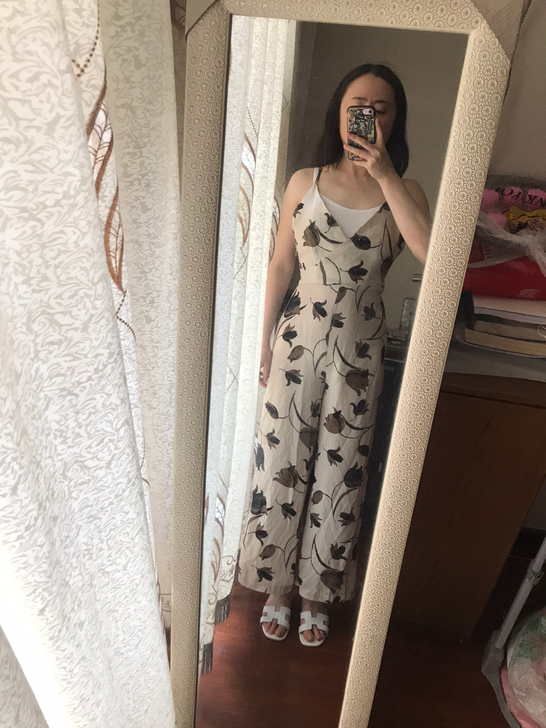 印花吊带连体裤