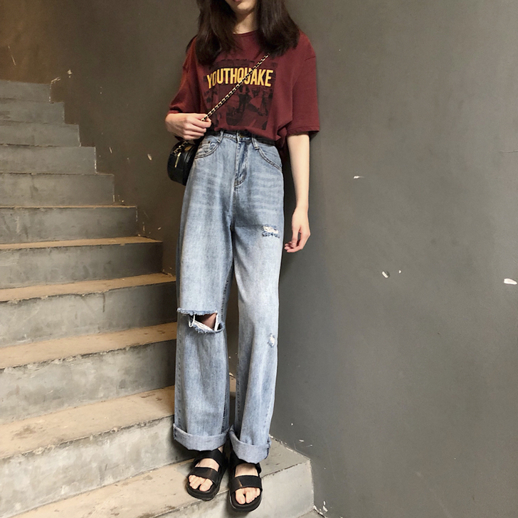 春季2021新款复古破洞chic港味阔腿长...