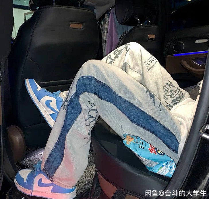 高街夏季牛仔裤子男港风印花宽松直筒长裤街i...