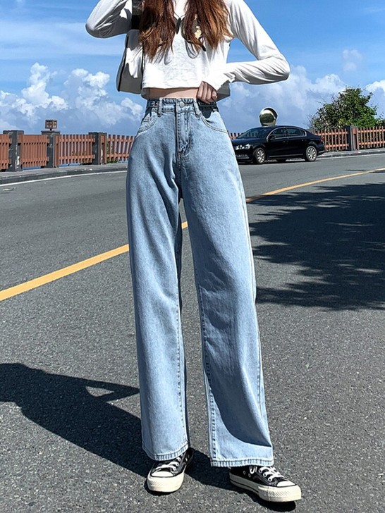 宽松阔腿牛仔裤女夏季薄款高腰韩版学生垂感泫...