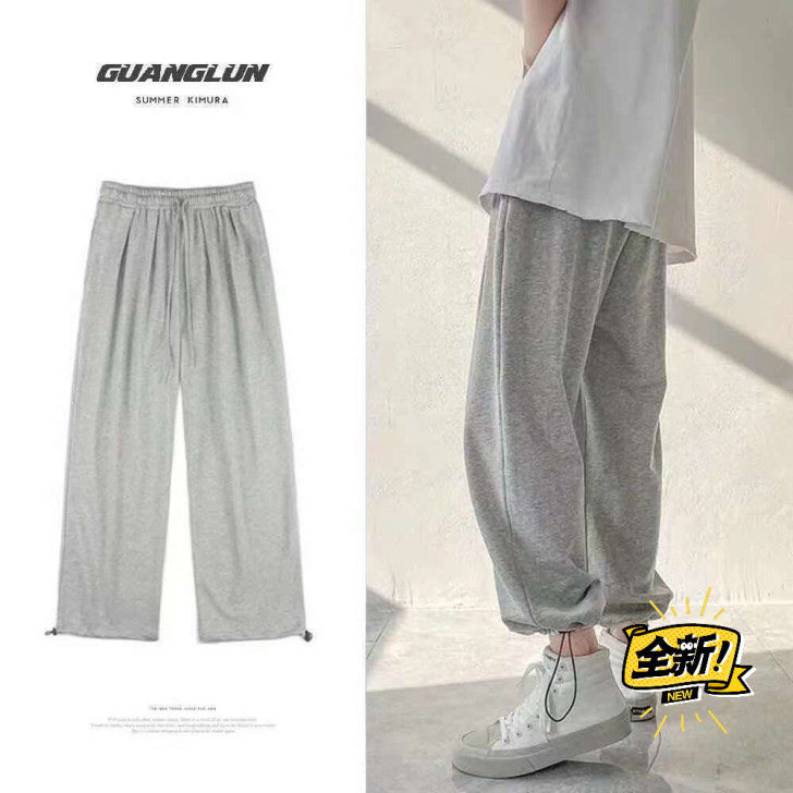 运动卫裤男女纯棉收口拉链直筒宽松休闲大码加...