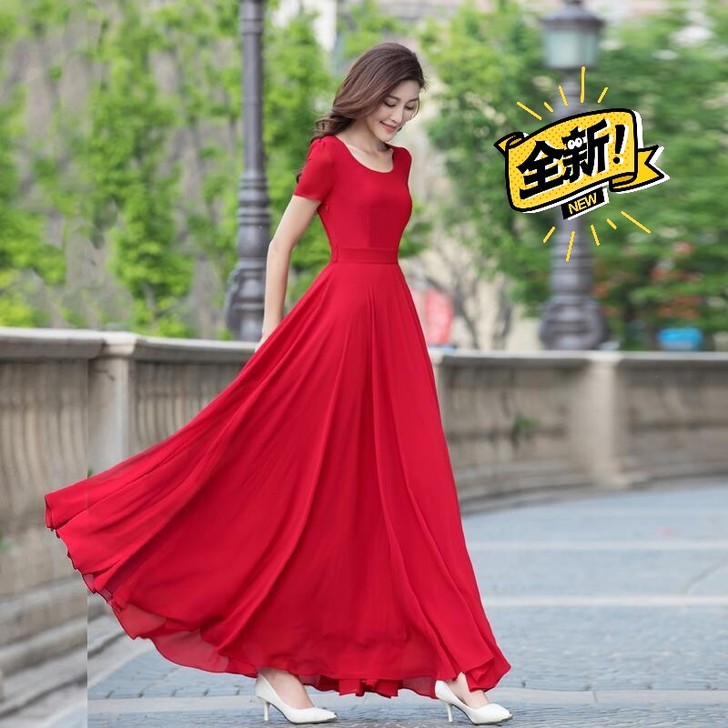 2021年夏季短袖纯色连衣裙雪纺长裙全新，...