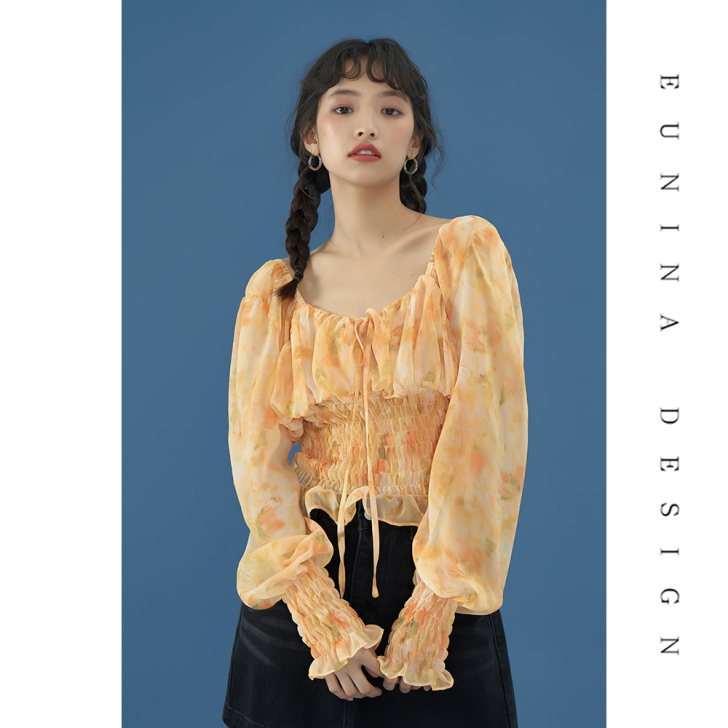 法式泡泡长袖方领雪纺短款上衣女2021新款...